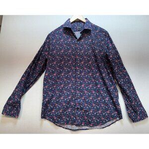 Express Mens Button Up Long Sleeve Slim Fit Shirt Size L Blue Floral Lightweight
